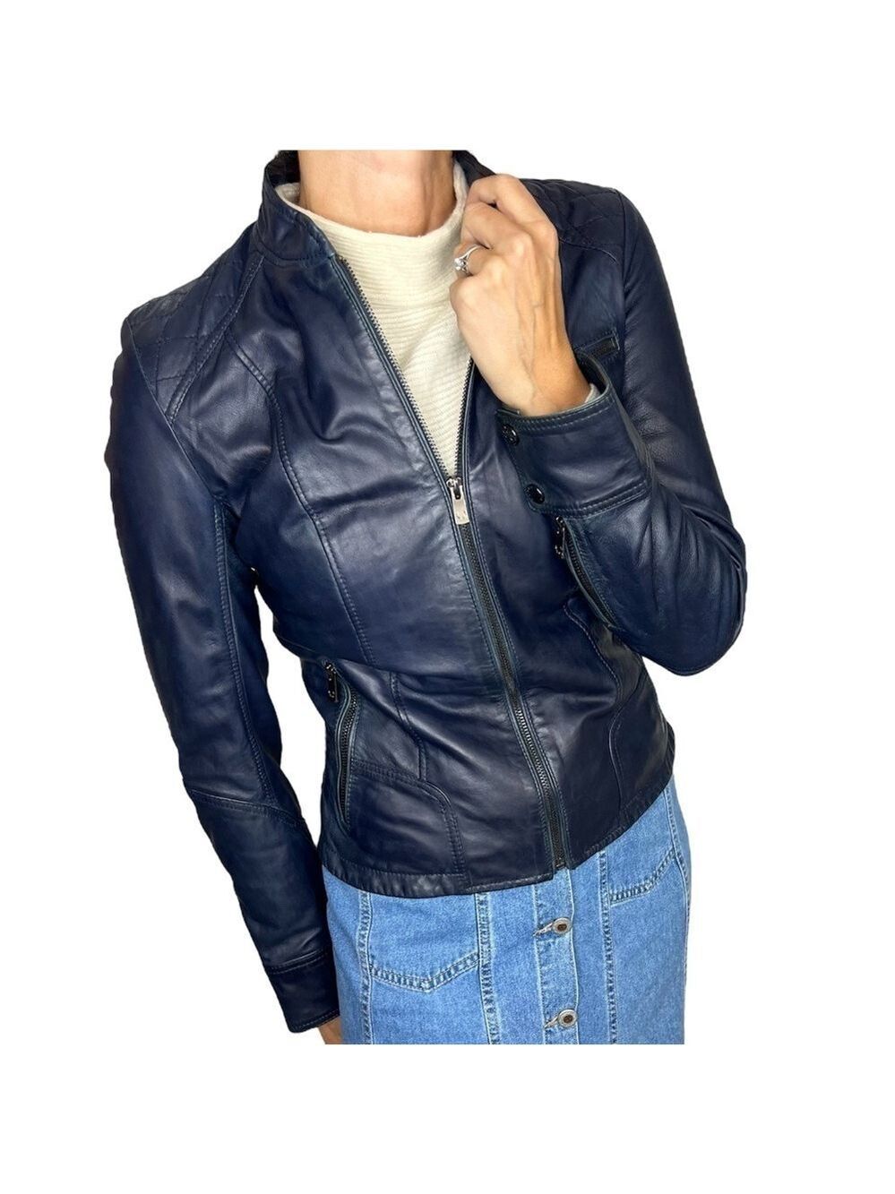Bod & Christensen Sandra blue leather fitted moto jacket XS
